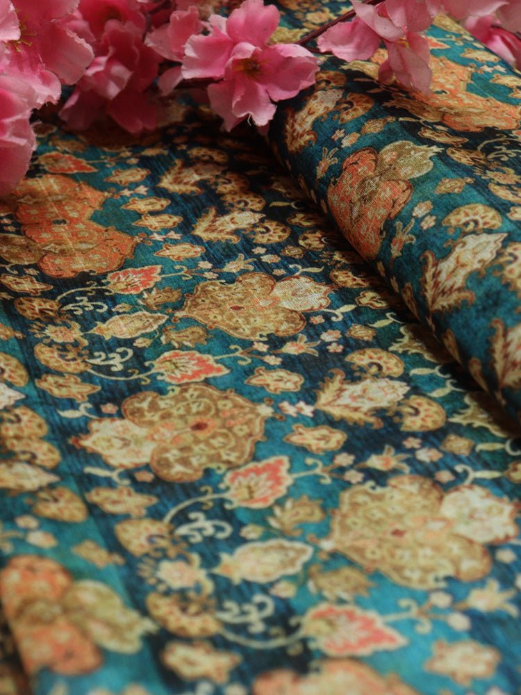 Blue Digital Printed Tussar Silk Fabric (1 Mtr)