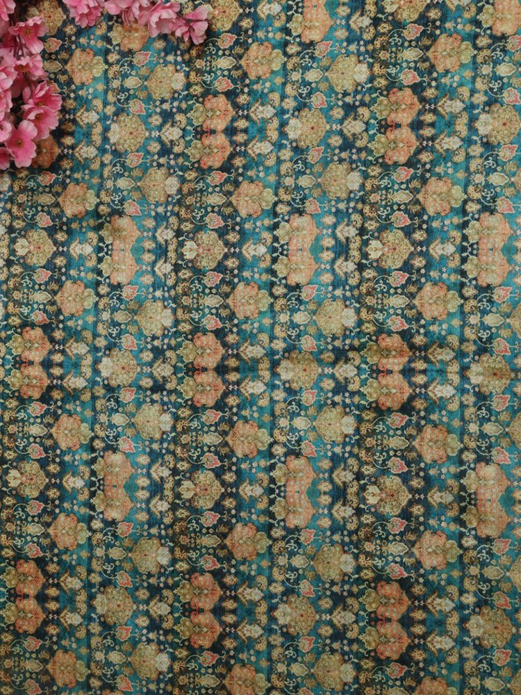 Blue Digital Printed Tussar Silk Fabric (1 Mtr) - Luxurion World