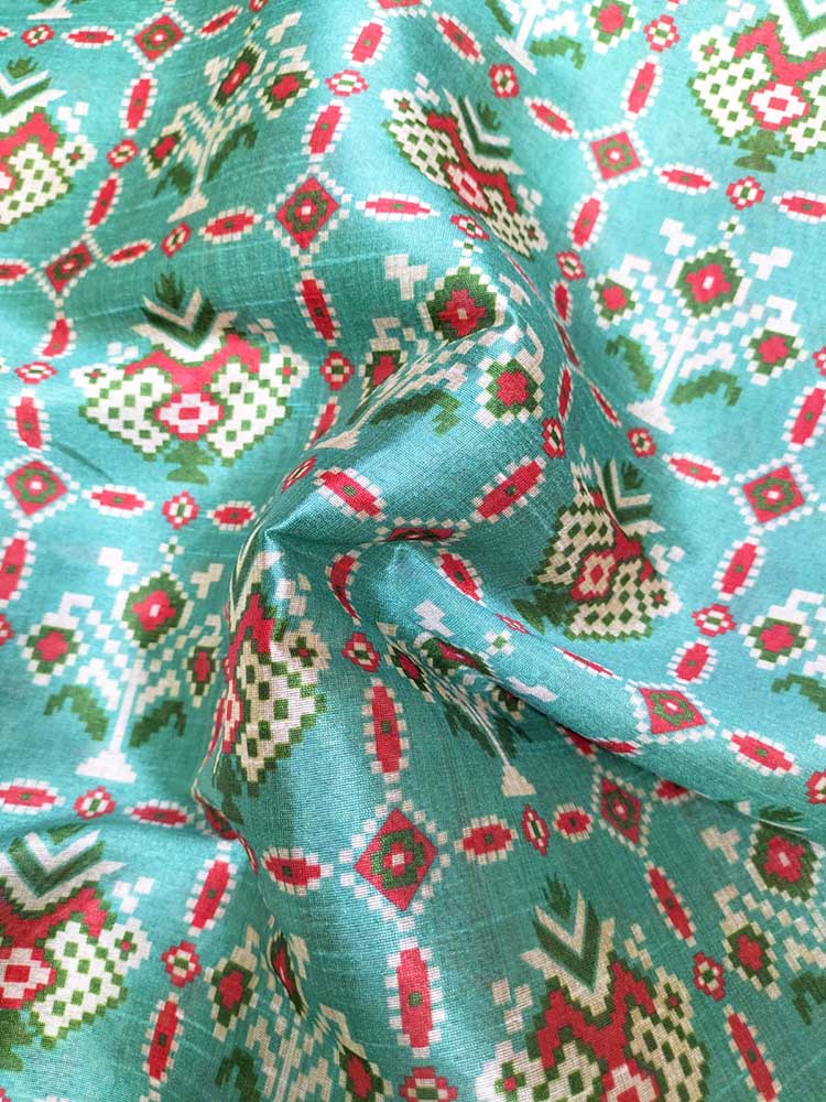 Blue Digital Printed Tussar Silk Patola Design Fabric ( 1 Mtr ) - Luxurion World