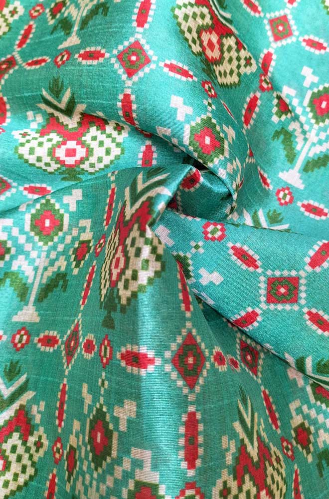 Blue Digital Printed Tussar Silk Patola Design Fabric ( 1 Mtr ) - Luxurion World