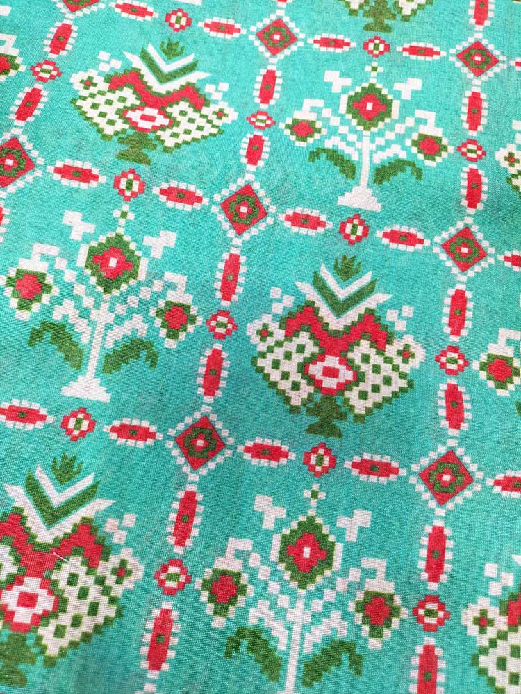 Blue Digital Printed Tussar Silk Patola Design Fabric ( 1 Mtr ) - Luxurion World