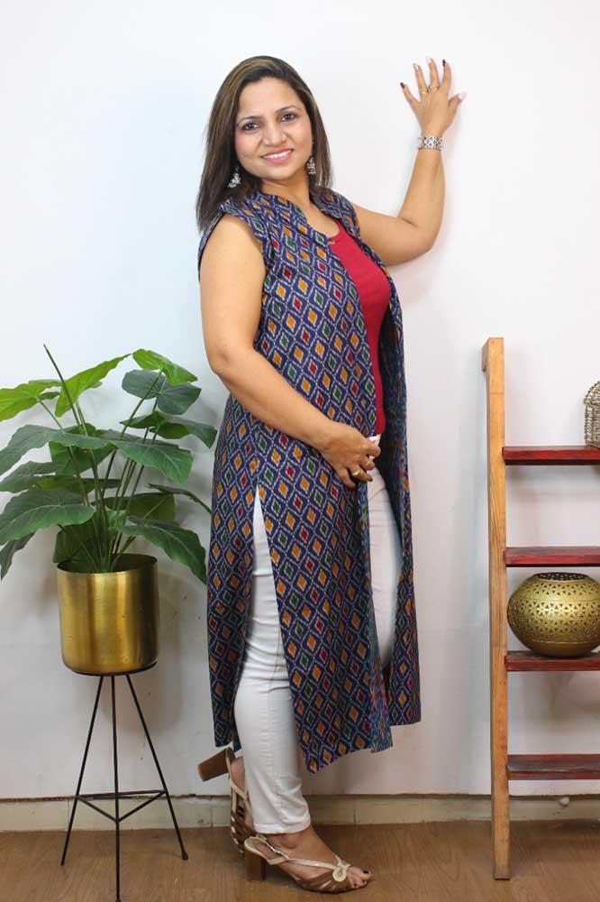 Blue Double Ikat Pure Cotton Reversible Long Jacket - Luxurion World