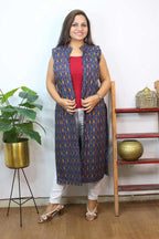 Blue Double Ikat Pure Cotton Reversible Long Jacket - Luxurion World