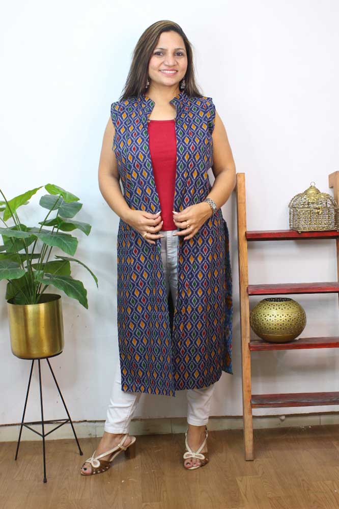 Blue Double Ikat Pure Cotton Reversible Long Jacket - Luxurion World