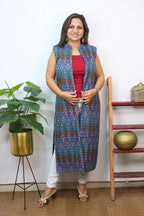 Blue Double Ikat Pure Cotton Reversible Long Jacket - Luxurion World