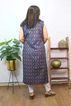 Blue Double Ikat Pure Cotton Reversible Long Jacket - Luxurion World