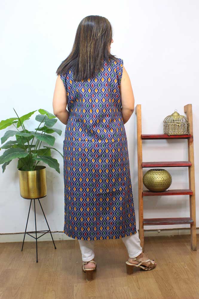 Blue Double Ikat Pure Cotton Reversible Long Jacket - Luxurion World