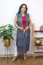 Blue Double Ikat Pure Cotton Reversible Long Jacket - Luxurion World