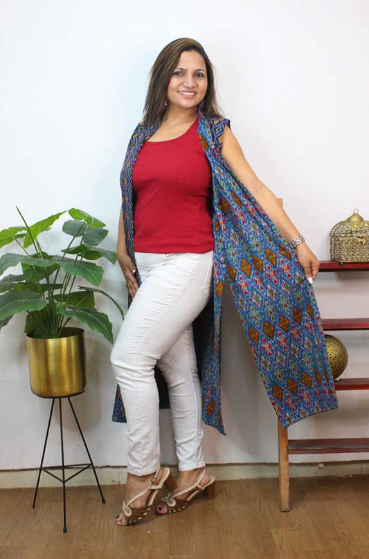 Blue Double Ikat Pure Cotton Reversible Long Jacket - Luxurion World