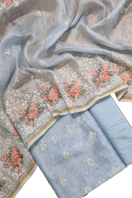 Blue Embroidered Banarasi Linen Silk Three Piece Unstitched Suit Set