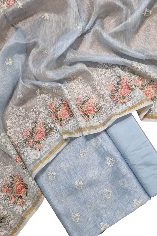 Blue Embroidered Banarasi Linen Silk Three Piece Unstitched Suit Set - Luxurion World