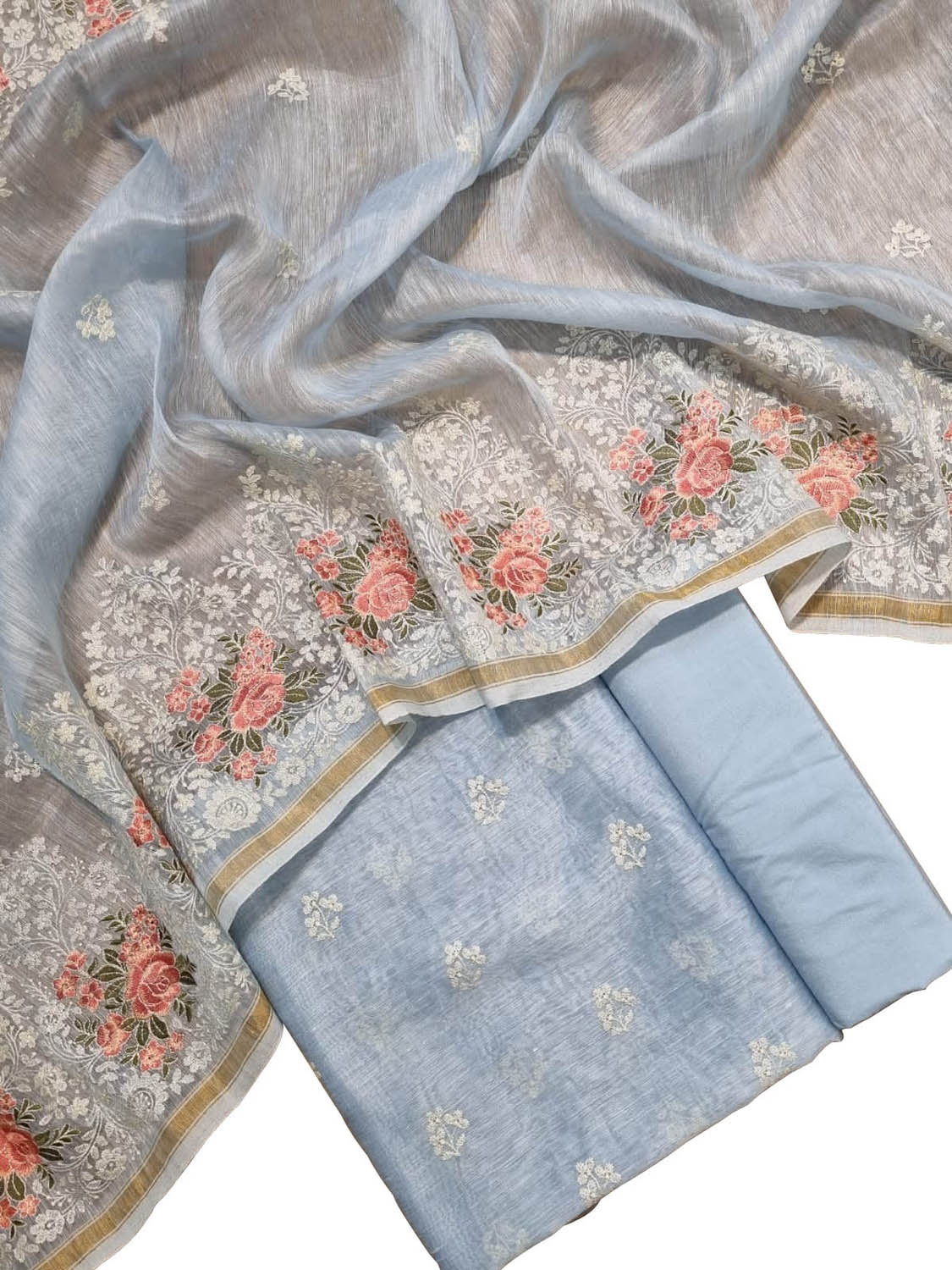 Blue Embroidered Banarasi Linen Silk Three Piece Unstitched Suit Set - Luxurion World