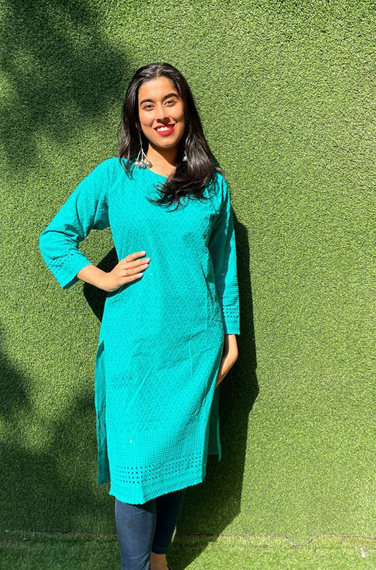 Blue Embroidered Chikankari Cotton Stitched Kurti - Luxurion World