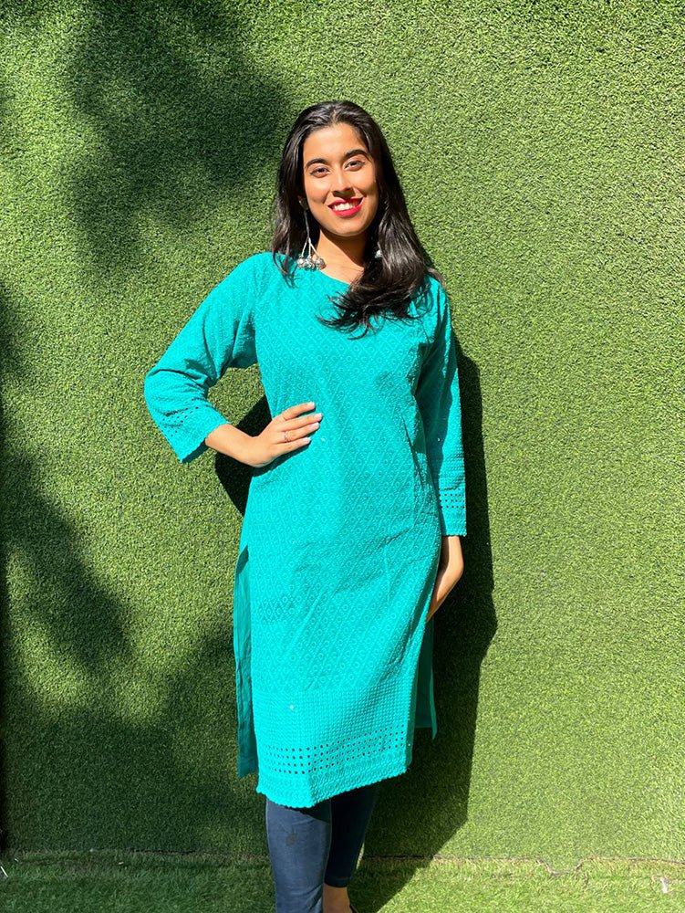 Blue Embroidered Chikankari Cotton Stitched Kurti - Luxurion World