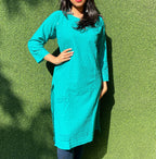 Blue Embroidered Chikankari Cotton Stitched Kurti - Luxurion World