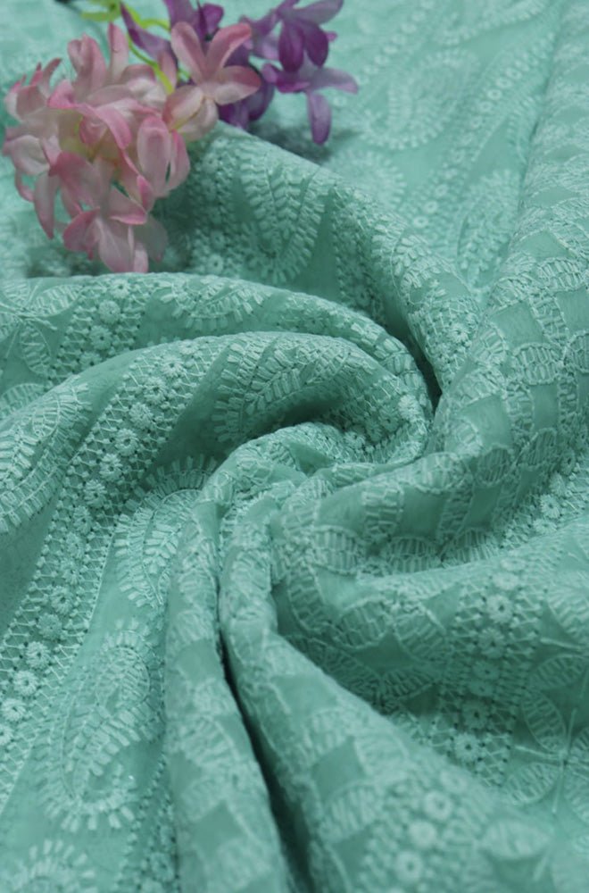 Blue Embroidered Chikankari Georgette Fabric (0.5 Mtr) - Luxurion World