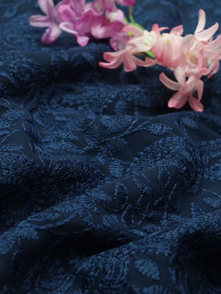Blue Embroidered Chikankari Georgette Fabric (1 Mtr) - Luxurion World