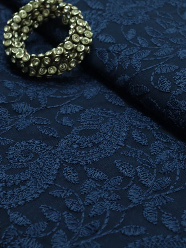 Blue Embroidered Chikankari Georgette Fabric (1 Mtr) - Luxurion World