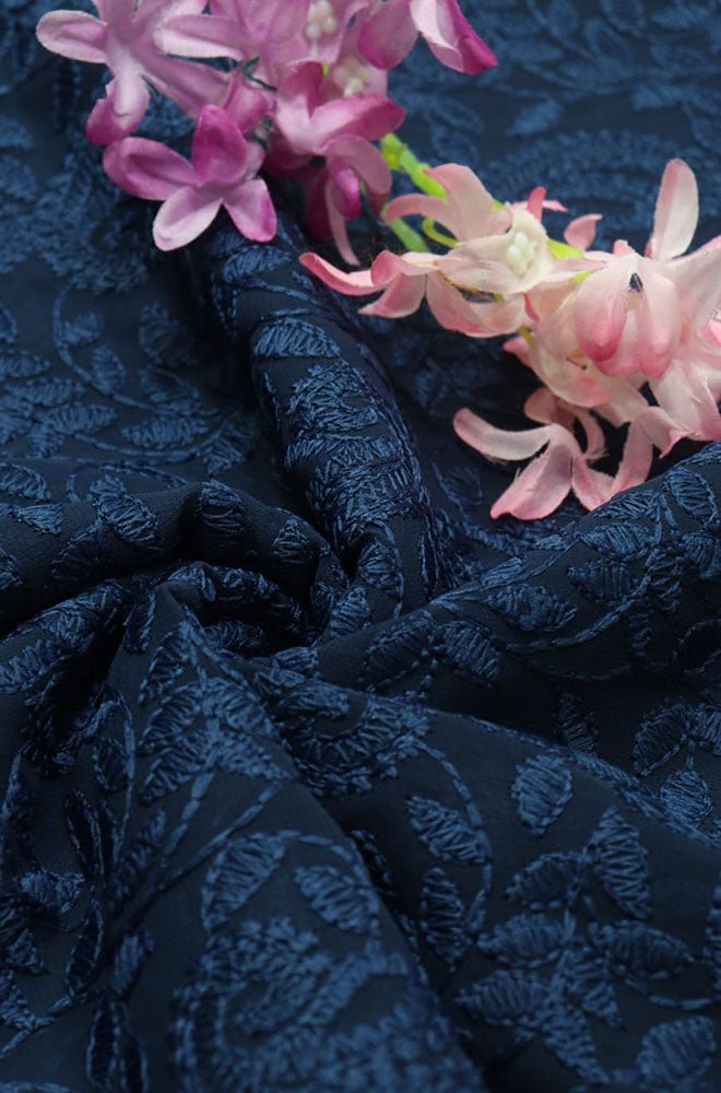 Blue Embroidered Chikankari Georgette Fabric (1 Mtr) - Luxurion World