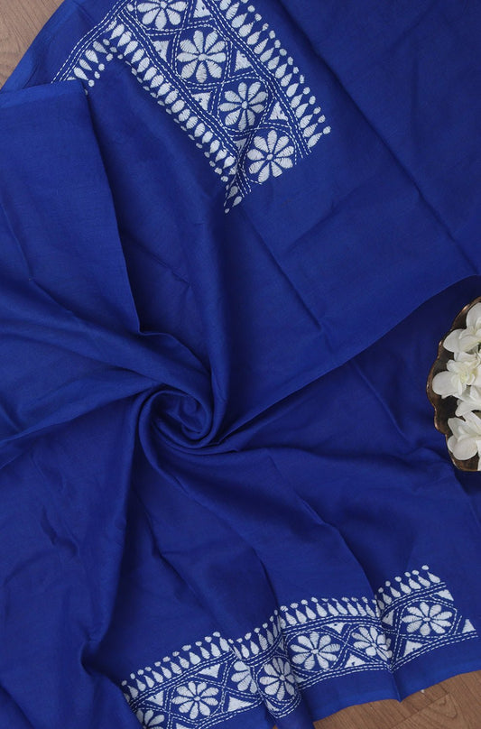 Blue Embroidered Kantha Cotton Blouse Piece Fabric ( 1 Mtr ) - Luxurion World