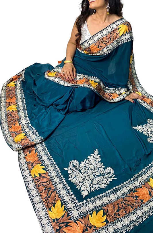 Blue Embroidered Kashmiri Aari And Tilla Work Crepe Saree - Luxurion World