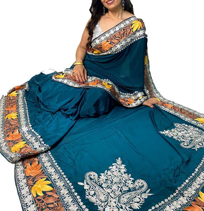 Blue Embroidered Kashmiri Aari And Tilla Work Crepe Saree - Luxurion World