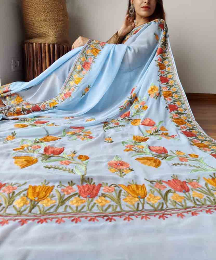 Blue Embroidered Kashmiri Aari Work Georgette Floral Design Saree - Luxurion World
