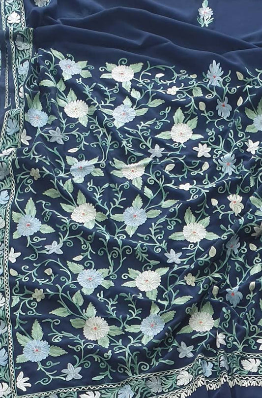 Blue Embroidered Kashmiri Aari Work Georgette Floral Design Saree - Luxurion World