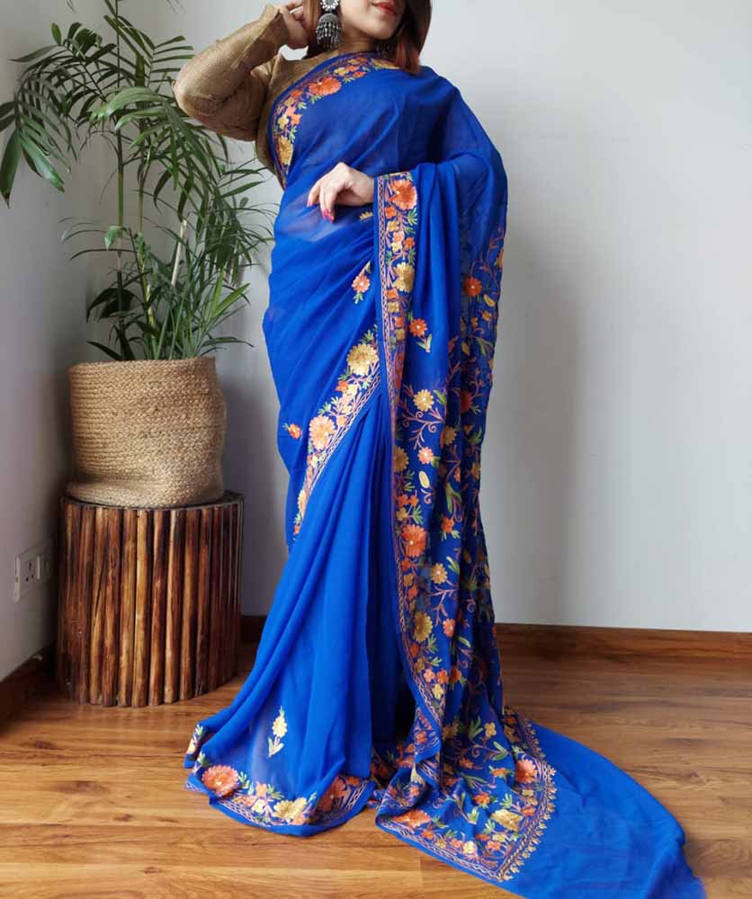 Blue Embroidered Kashmiri Aari Work Georgette Floral Design Saree - Luxurion World