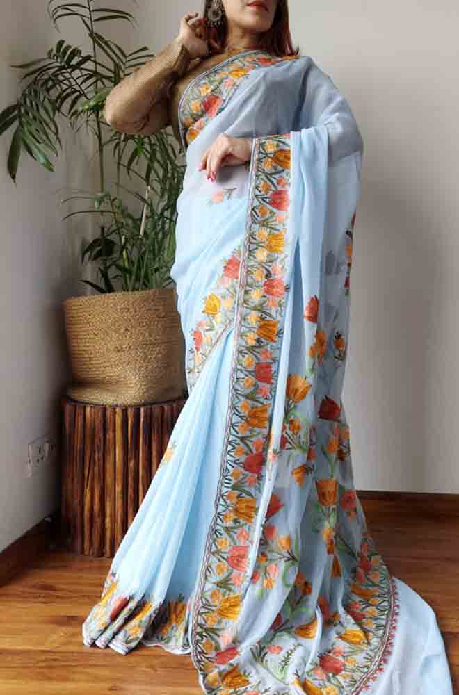 Blue Embroidered Kashmiri Aari Work Georgette Floral Design Saree