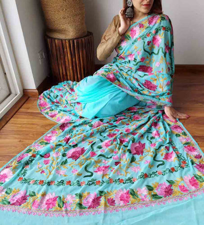 Blue Embroidered Kashmiri Aari Work Georgette Floral Design Saree