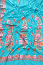 Blue Embroidered Kashmiri Aari Work Georgette Flower Design Saree - Luxurion World