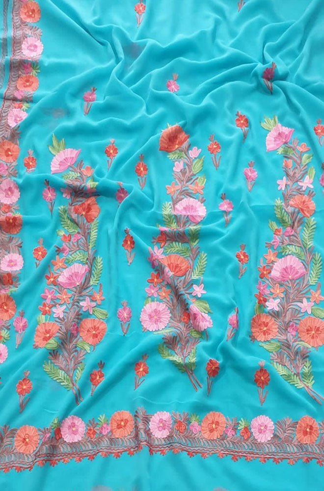 Blue Embroidered Kashmiri Aari Work Georgette Flower Design Saree - Luxurion World