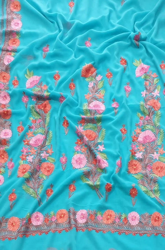 Blue Embroidered Kashmiri Aari Work Georgette Flower Design Saree - Luxurion World