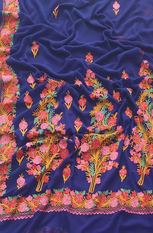 Blue Embroidered Kashmiri Aari Work Georgette Flower Design Saree - Luxurion World