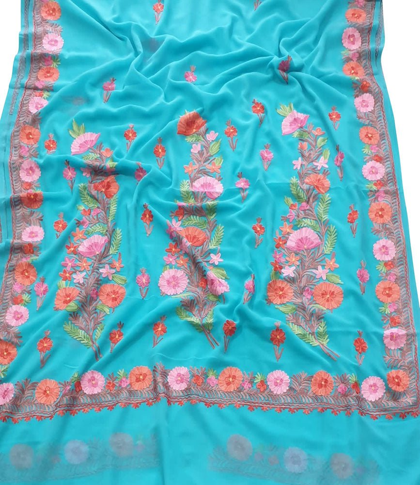 Blue Embroidered Kashmiri Aari Work Georgette Flower Design Saree - Luxurion World