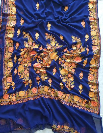 Blue Embroidered Kashmiri Aari Work Georgette Saree - Luxurionworld