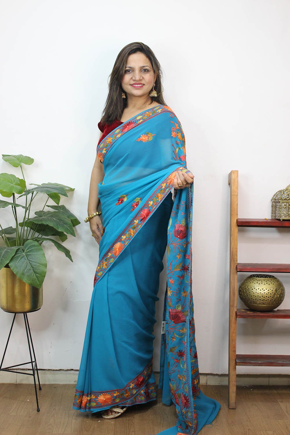 Blue Embroidered Kashmiri Aari Work Georgette Saree - Luxurion World