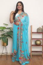 Blue Embroidered Kashmiri Aari Work Georgette Saree - Luxurion World