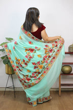 Blue Embroidered Kashmiri Aari Work Georgette Saree - Luxurion World