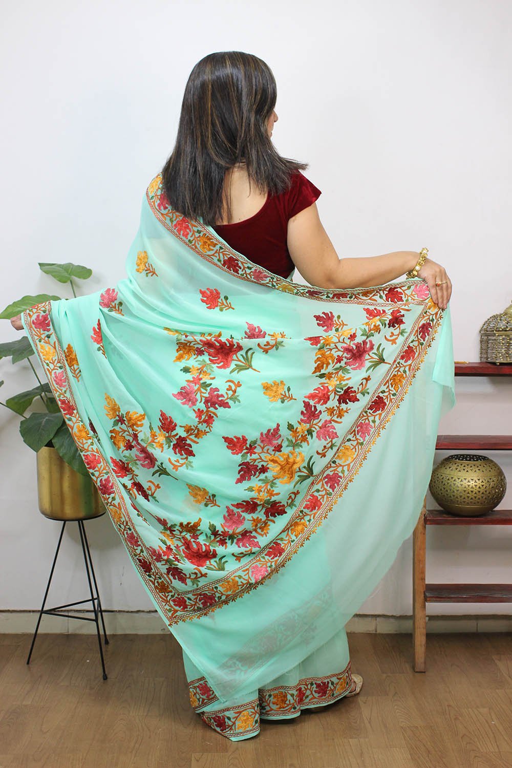 Blue Embroidered Kashmiri Aari Work Georgette Saree - Luxurion World