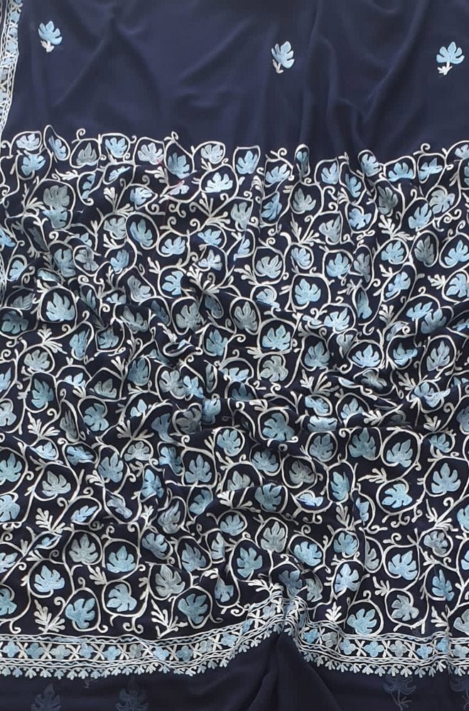 Blue Embroidered Kashmiri Aari Work Georgette SareeLuxurionworld