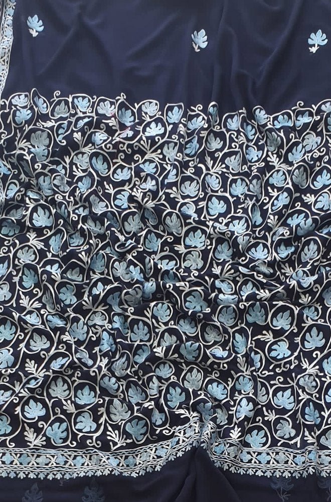 Blue Embroidered Kashmiri Aari Work Georgette Saree - Luxurion World