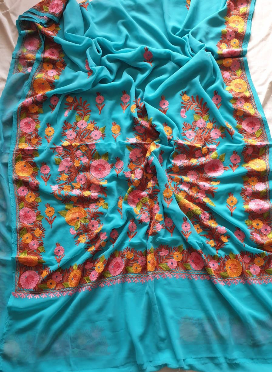 Blue Embroidered Kashmiri Aari Work Georgette Saree - Luxurion World