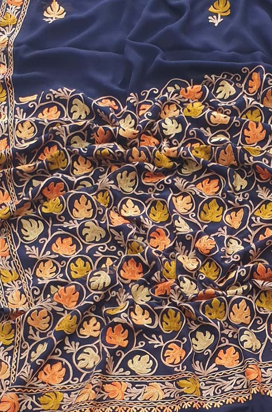 Blue Embroidered Kashmiri Aari Work Georgette Saree - Luxurion World