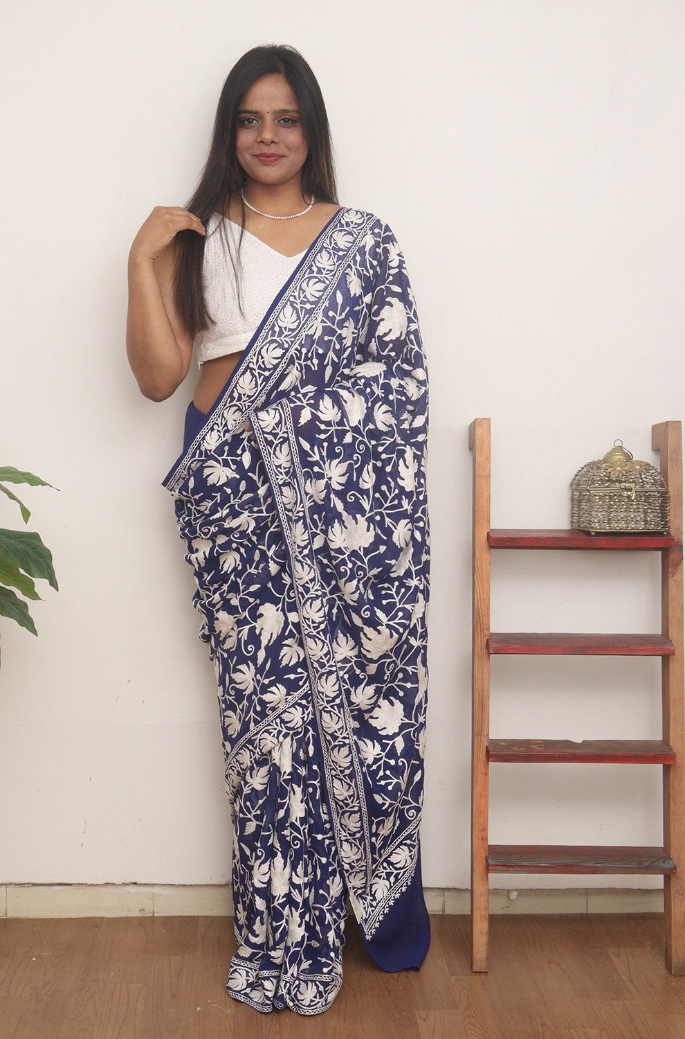 Blue Embroidered Kashmiri Aari Work Georgette Saree - Luxurion World