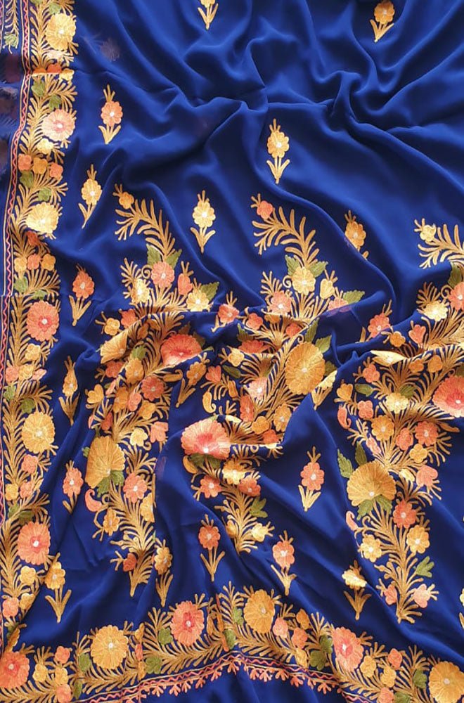 Blue Embroidered Kashmiri Aari Work Georgette Saree - Luxurionworld