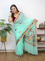 Blue Embroidered Kashmiri Aari Work Georgette Saree - Luxurion World