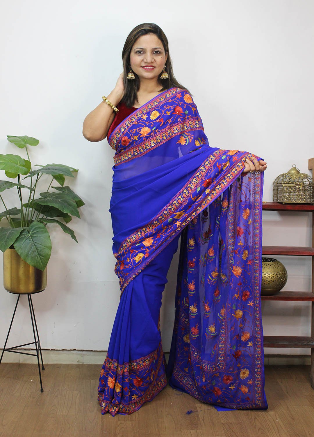 Blue Embroidered Kashmiri Aari Work Georgette Saree - Luxurion World