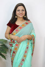 Blue Embroidered Kashmiri Aari Work Georgette Saree - Luxurion World